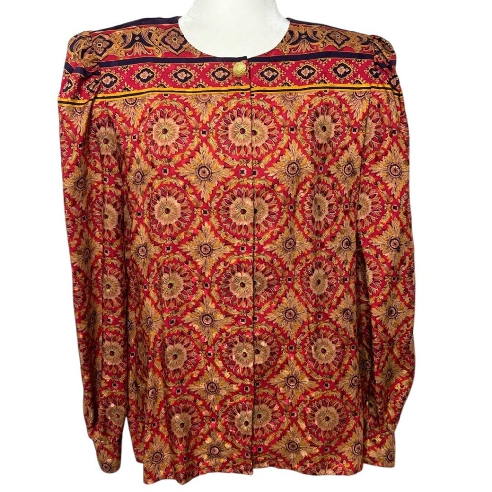 Vintage Maggy London Blouse‎ Red & Gold Floral 100% Silk  - Women's  Size 14